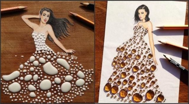 Hair, Dress, Pattern, Style, Formal wear, Amber, Fashion, One-piece garment, Art, Waist, 