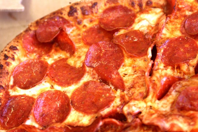 Food, Ingredient, Pepperoni, Pizza, Dish, Fast food, Meat, Baked goods, Recipe, Cooking, 