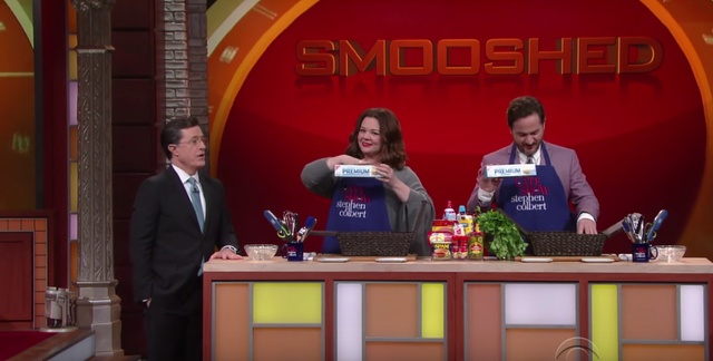 Melissa McCarthy and husband Bob Falcone compete on Stephen Colbert's mini-version of Chopped.