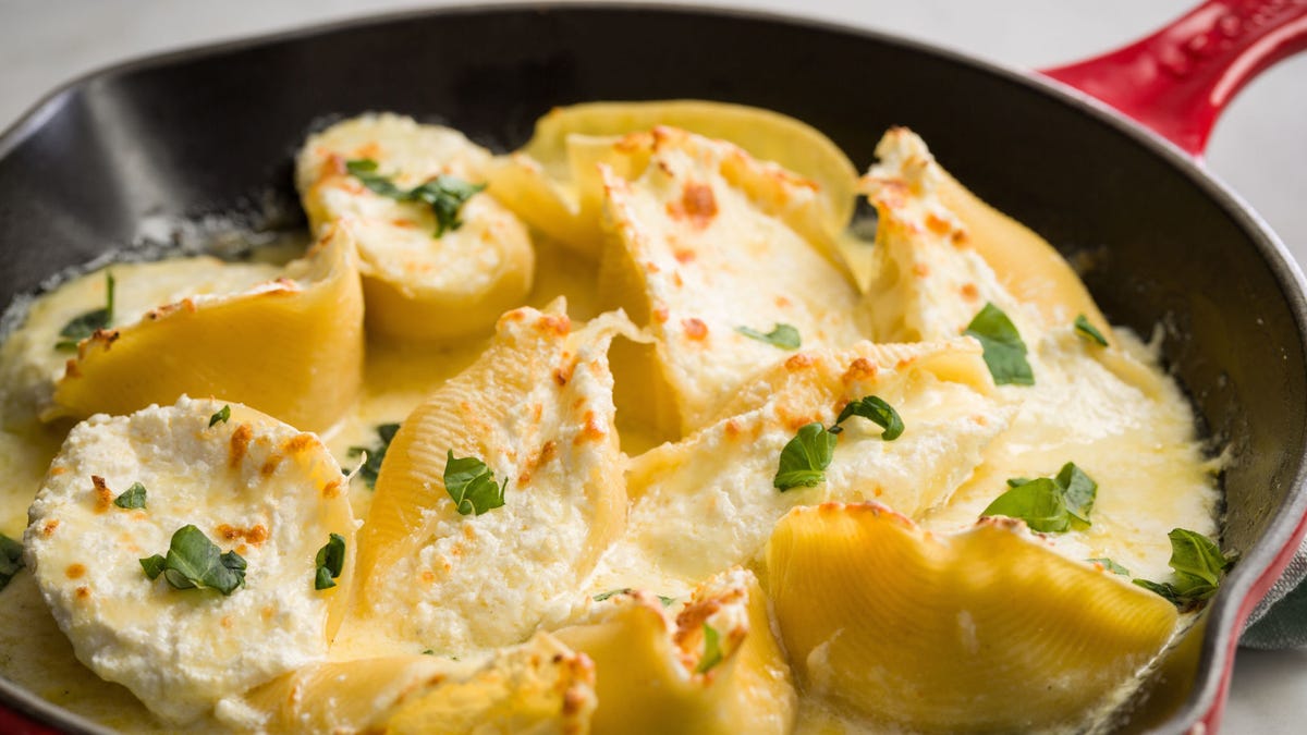 Video player poster image preview for Four Cheese Stuffed Shells Are The Cheesiest Dinner Ever