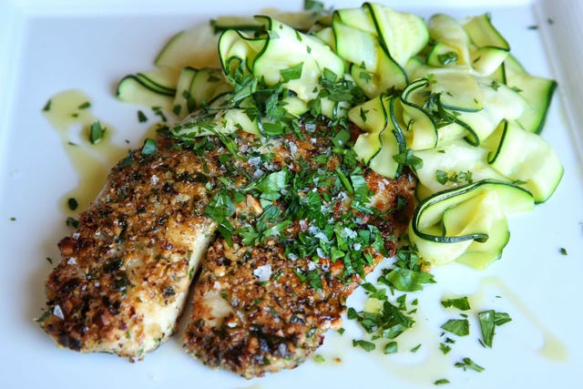 Hazelnut Crusted Tilapia with Zucchini Ribbons - Delish.com hazelnut crusted tilapia with zucchini ribbons