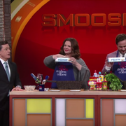 Melissa McCarthy and husband Bob Falcone compete on Stephen Colbert's mini-version of Chopped.