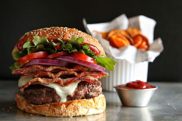 Bacon Cheeseburger and Sweet Potato Chips Recipe - Delish.com bacon cheeseburger and sweet potato chips recipe