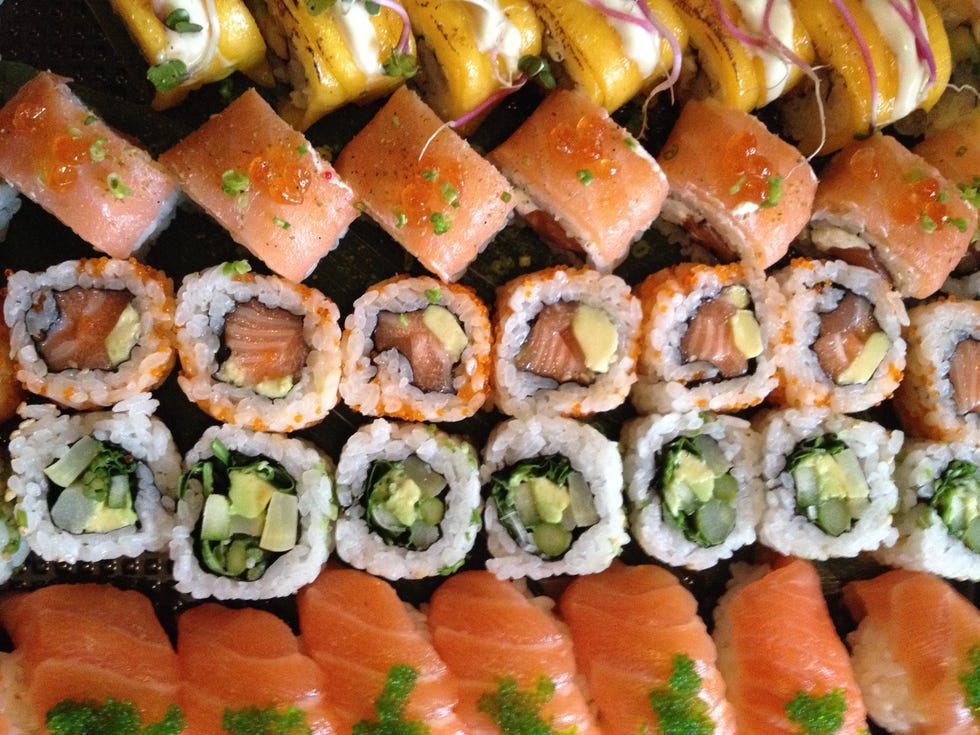 Cuisine, Food, Sushi, Orange, Dish, Salmon, Gimbap, Fish slice, Recipe, Sashimi, 