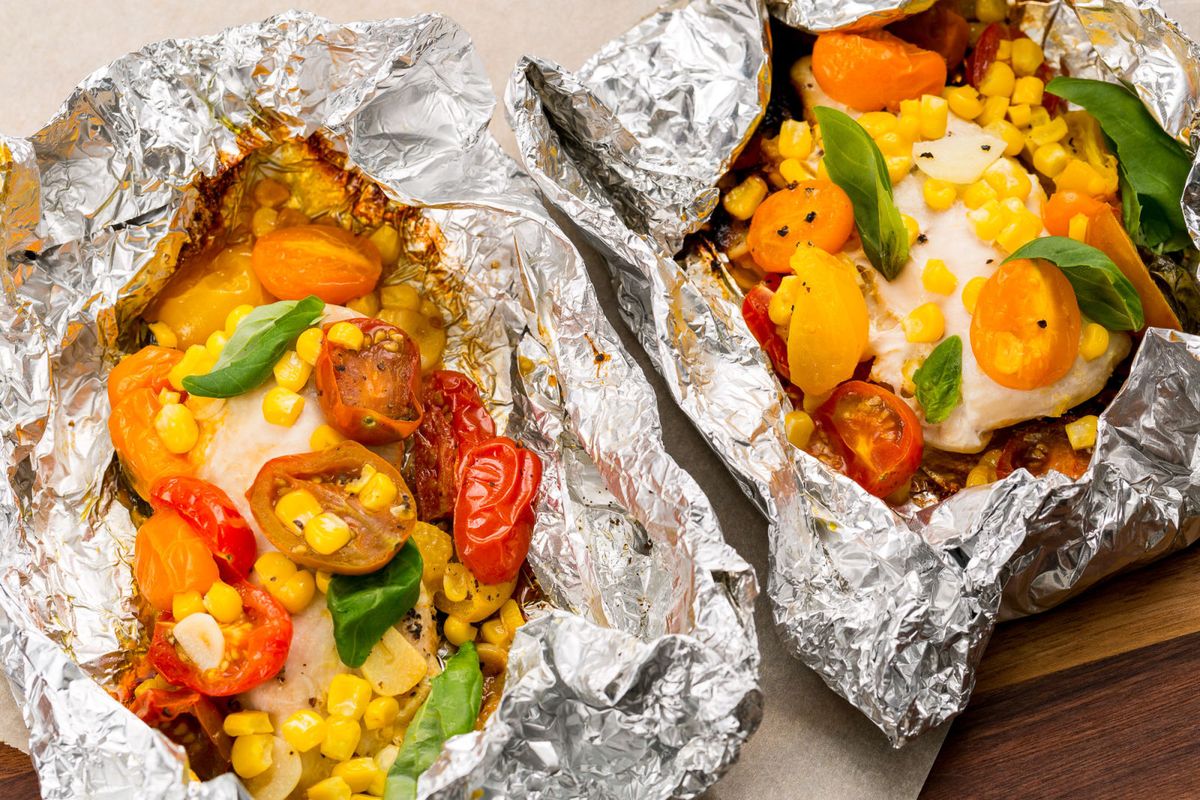 chicken, tomatoes, and corn foil pack