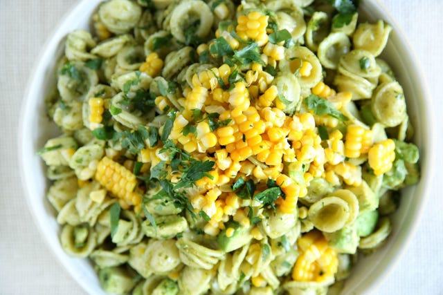 Avocado-Pesto Pasta Salad with Corn Recipe - Delish.com avocado pesto pasta salad with corn recipe