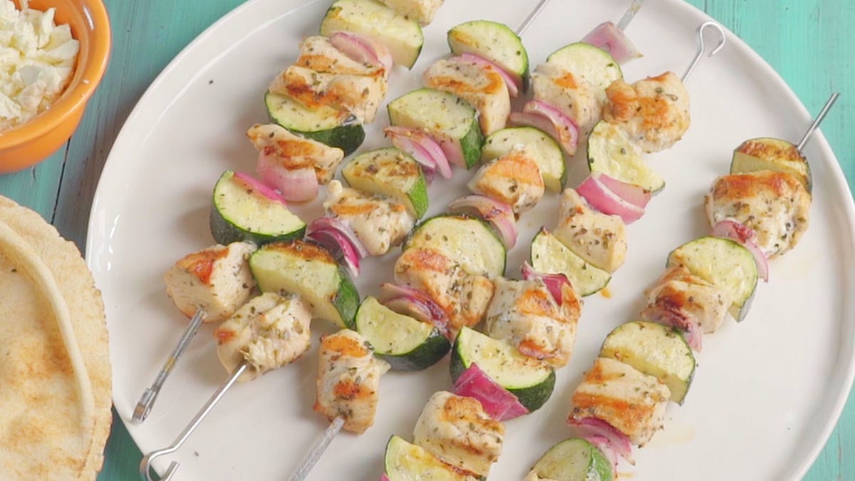 Video player poster image preview for Greek Chicken Kebabs