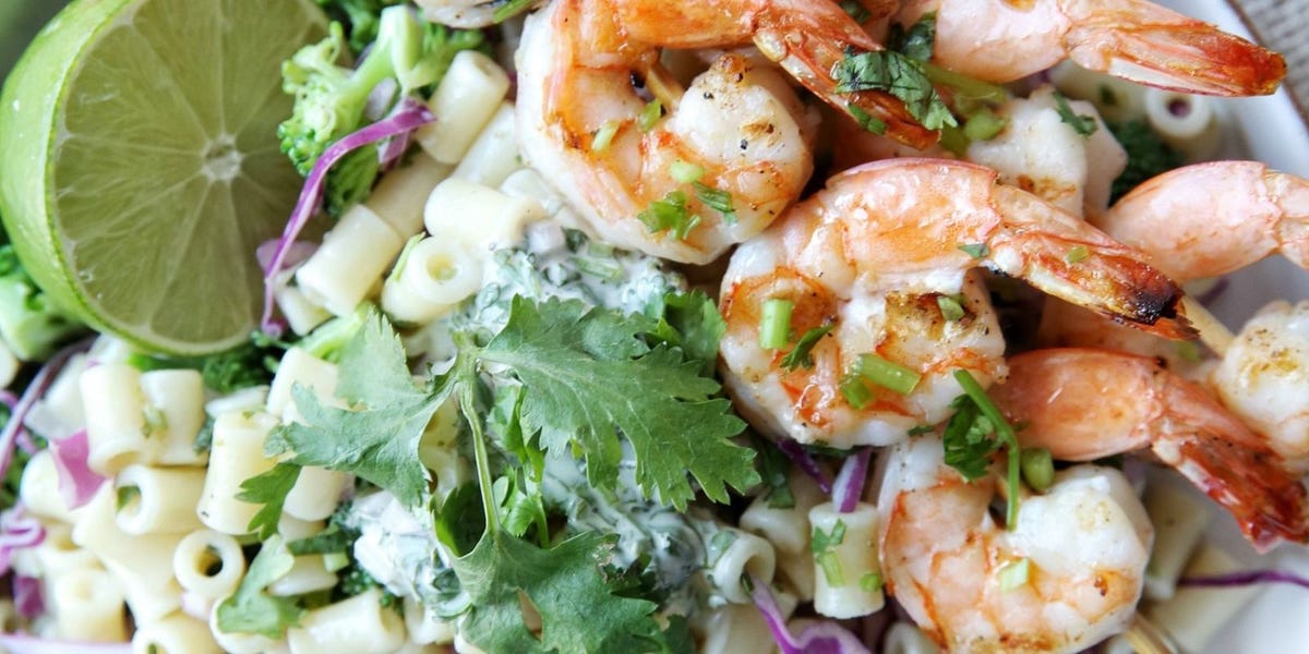 Chili-Lime Pasta Salad with Shrimp Skewers