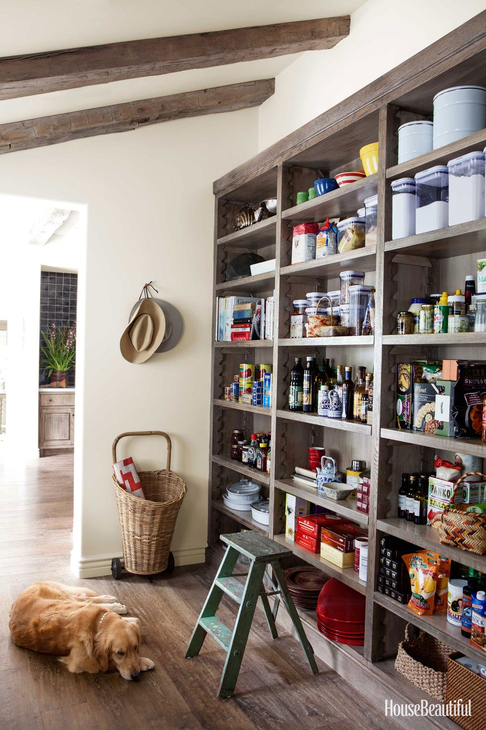 open wooden pantry shelves