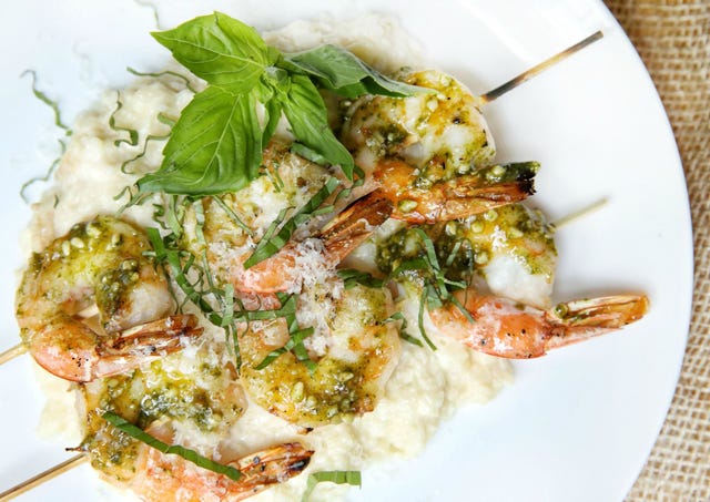 Pesto Shrimp Skewers with Cauliflower Mash Recipe Pesto Shrimp Skewers with Cauliflower Mash Recipe