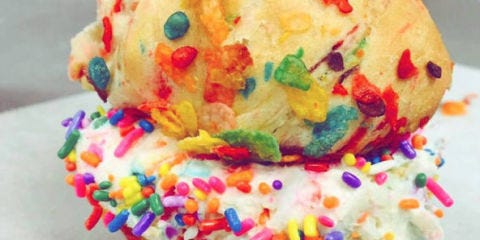Fruity Pebbles Mufgel with Funfetti cream cheese.
