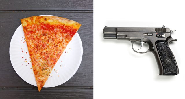 Gun, Firearm, Trigger, Pizza, Ingredient, Food, Baked goods, Amber, Dish, Recipe, 