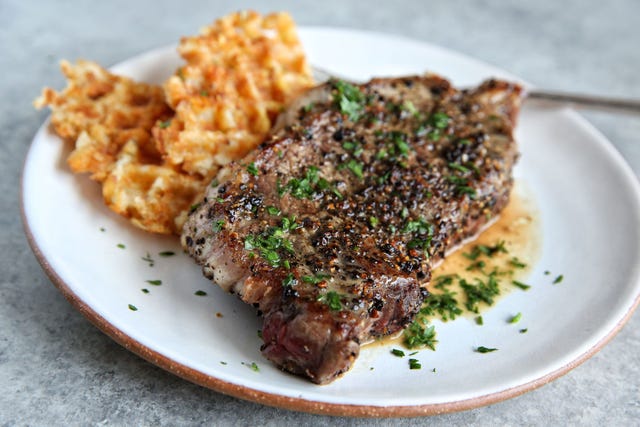 Steak au Poivre with Tater Tot Waffles Recipe Steak au Poivre with Tater Tot Waffles Recipe