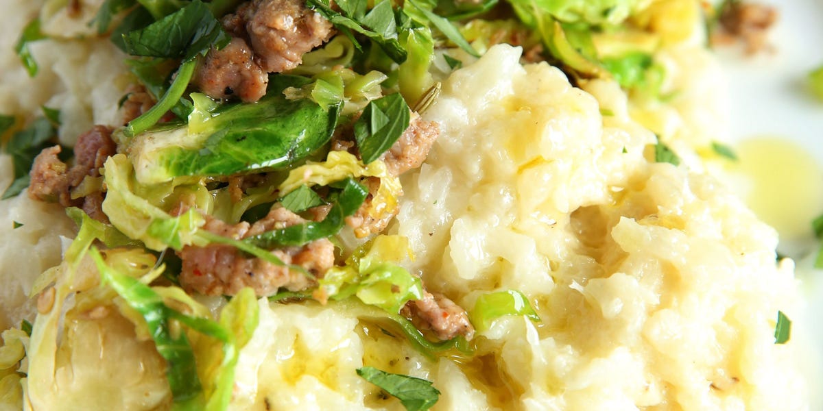 Cheesy Cauliflower Mash with Sausage and Brussels Sprouts