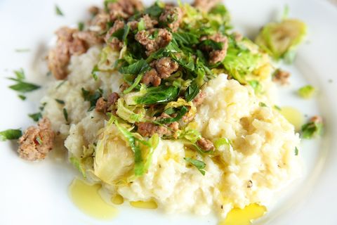 Cheesy Cauliflower Mash with Sausage and Brussels Sprouts Recipe