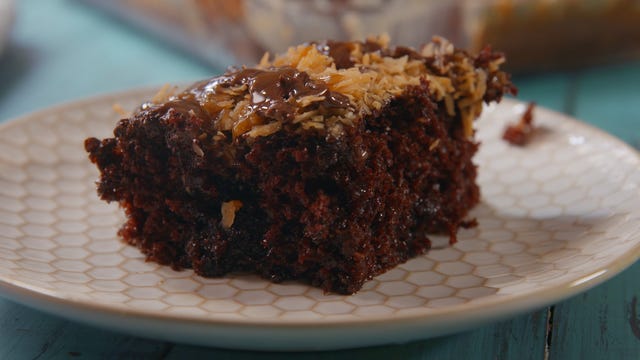 Samoa Poke Cake Slice Horizontal