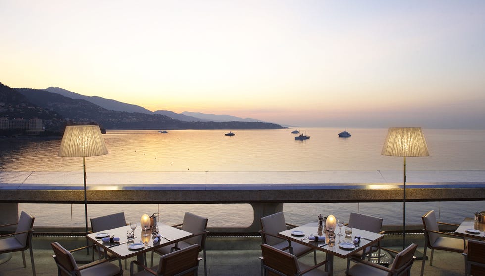 Table, Furniture, Restaurant, Horizon, Outdoor furniture, Chair, Outdoor table, Dusk, Evening, Sea, 