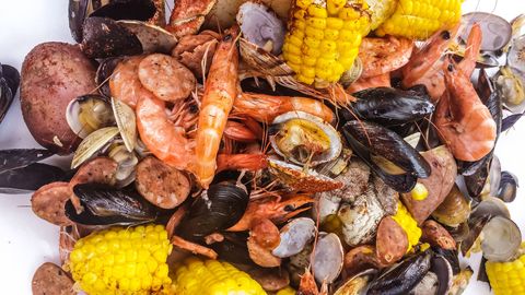 Yellow, Food, Ingredient, Seafood, Arthropod, Seafood boil, Clam, Bivalve, Shellfish, Corn kernels, 