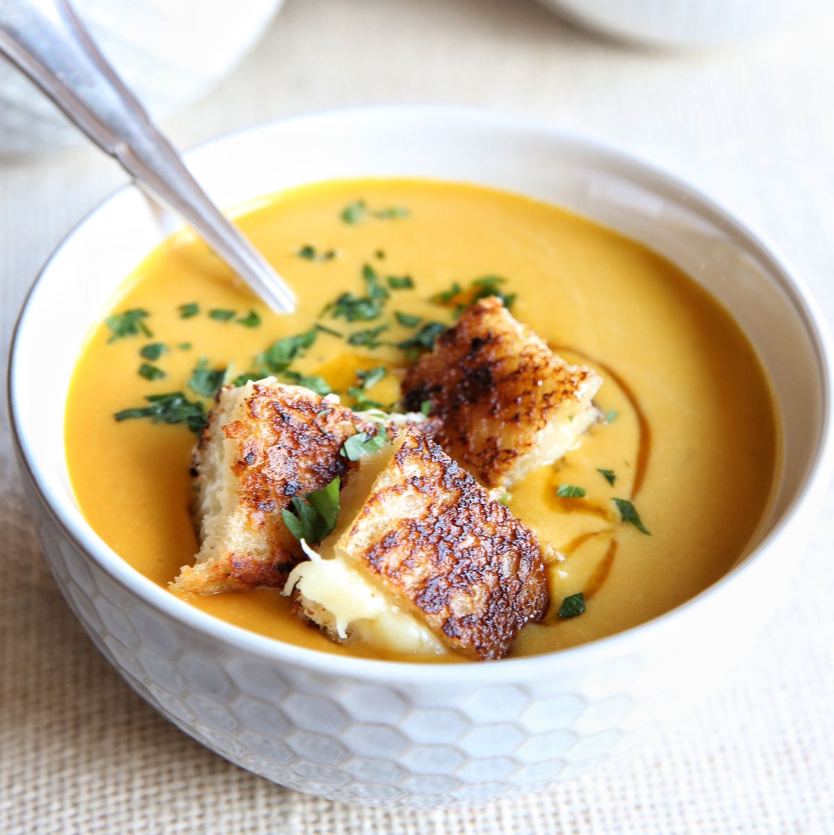creamy pumpkin soup with grilled cheese croutons recipe