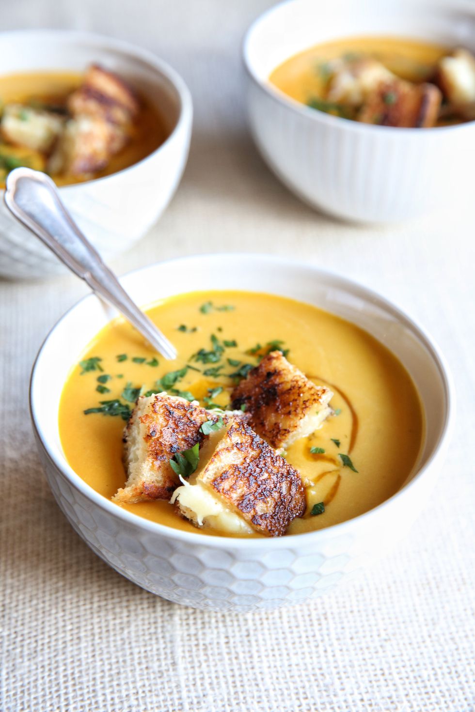 creamy pumpkin soup with grilled cheese croutons recipe