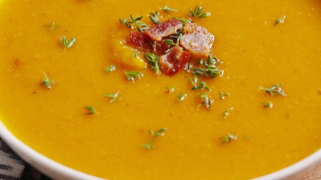 preview for This Bacon Butternut Squash Soup is basically fall in a bowl.