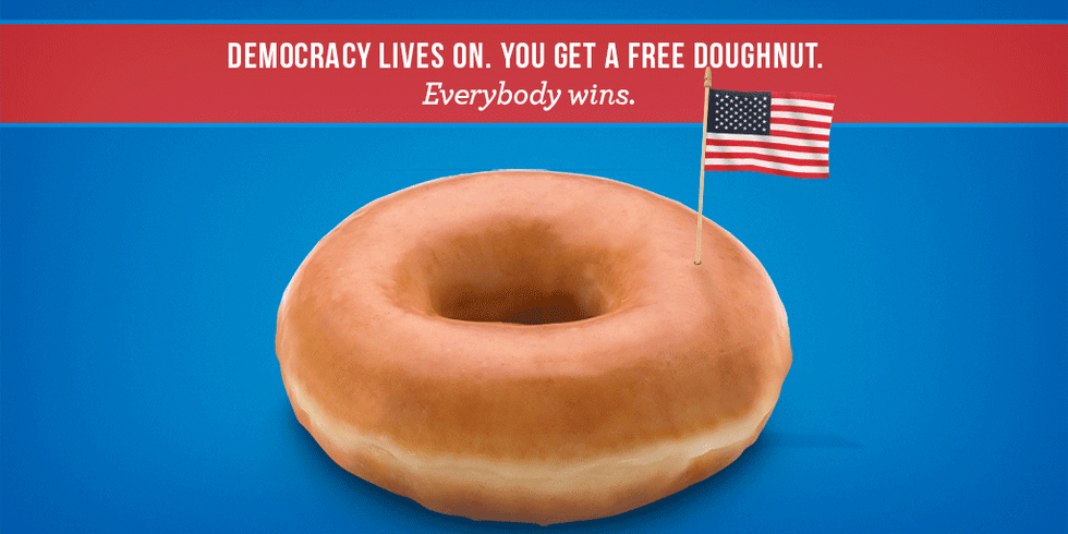 Doughnut, Flag, Text, Flag of the united states, Baked goods, Dessert, Peach, Font, Bread, Orange, 