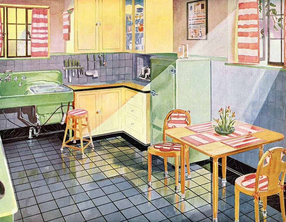Room, Interior design, Furniture, Table, Flooring, Drawer, Paint, Cabinetry, Countertop, Interior design, 