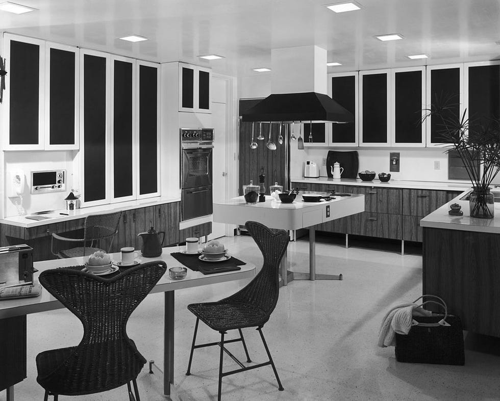 Room, Interior design, Floor, Furniture, Table, Ceiling, Interior design, Chair, Black-and-white, Countertop, 