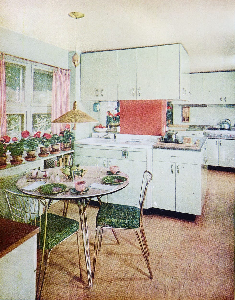 Room, Interior design, Green, Floor, White, Furniture, Table, Home, Kitchen, Cabinetry, 