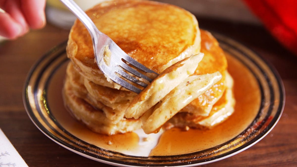 Video player poster image preview for Even 'Nog Haters Can't Resist These Ridiculously Fluffy Eggnog Pancakes!