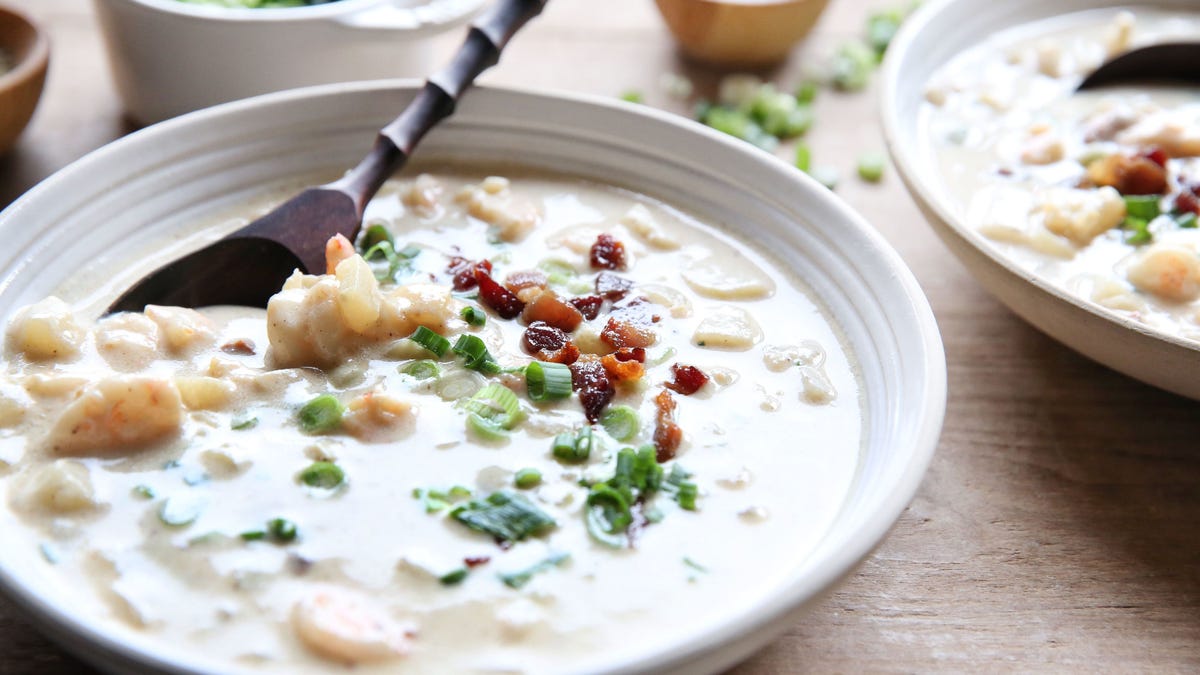 Video player poster image preview for Shrimp 'n Bacon Chowder Will Steal Your Love From Clam Chowder.