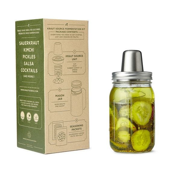 <p><strong data-redactor-tag="strong" data-verified="redactor"><em data-redactor-tag="em" data-verified="redactor">$42</em></strong> <a href="http://www.uncommongoods.com/product/diy-fermentation-kit" target="_blank" class="slide-buy--button" data-tracking-id="recirc-text-link">BUY NOW</a></p><p>This kit allows&nbsp;you to make your own pickles safely at home! "Pickled" foods are technically just foods that have been fermented, so this kit is perfect for anything from&nbsp;traditional dill pickles to&nbsp;kimchi, sauerkraut, and more!&nbsp;</p>