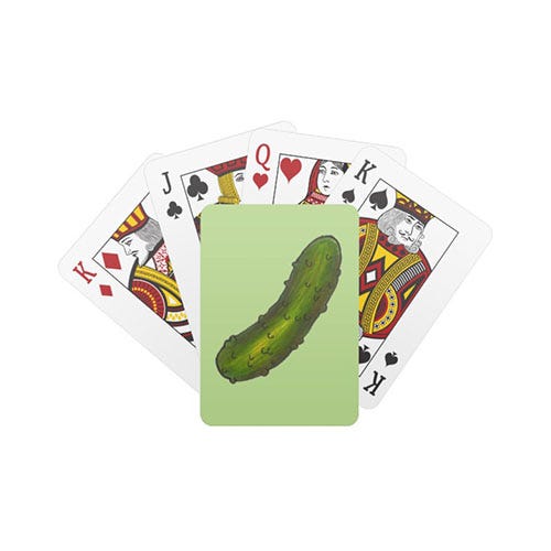 <p><strong data-redactor-tag="strong" data-verified="redactor"><em data-redactor-tag="em" data-verified="redactor">$11</em></strong> <a href="https://www.zazzle.com/green_dill_pickle_pickles_playing_cards-256309739538008590" target="_blank" class="slide-buy--button" data-tracking-id="recirc-text-link">BUY NOW</a></p><p>Play with your pickle <em data-redactor-tag="em" data-verified="redactor">without</em> being inappropriate!&nbsp;</p>
