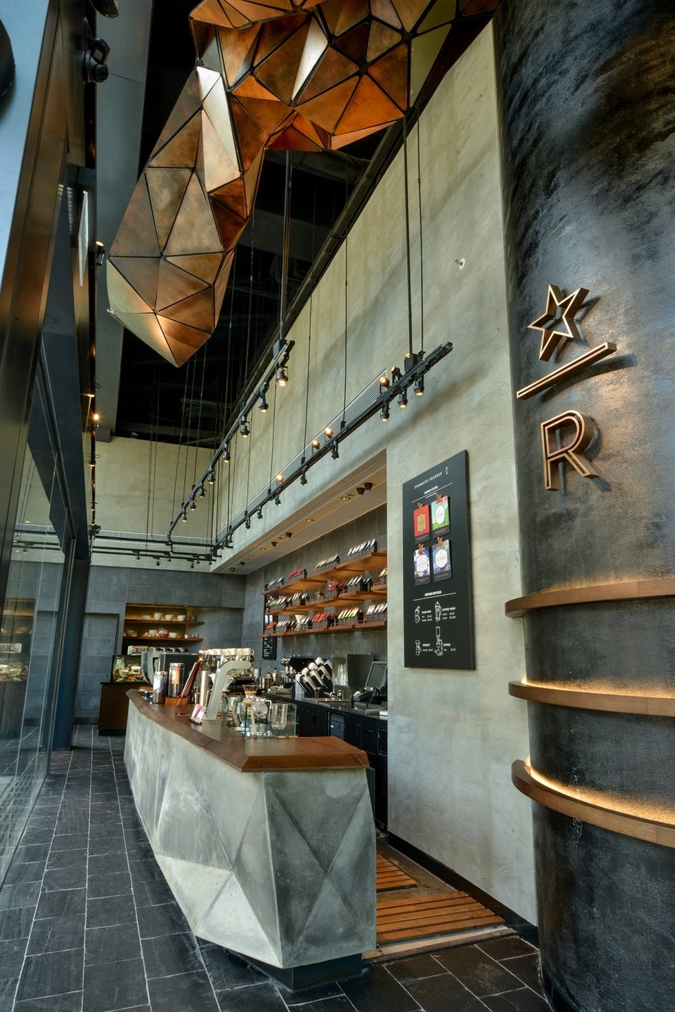 Interior design, Ceiling, Tile, Floor, Glass, Light fixture, Interior design, Restaurant, Countertop, Tile flooring, 