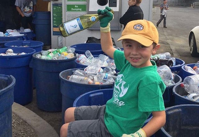 recycling boy saves money for college