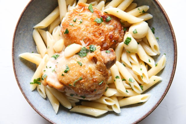 Forty Cloves of Garlic Chicken over Penne Horizontal Forty Cloves of Garlic Chicken over Penne Horizontal