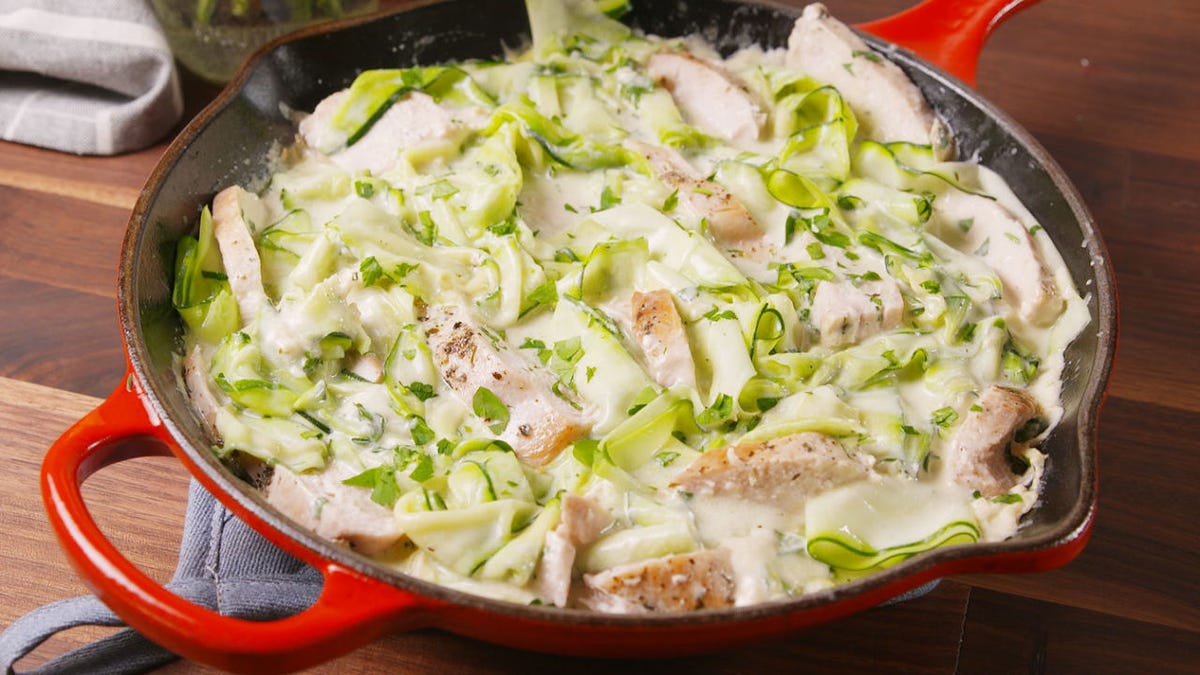 Video player poster image preview for Pasta Lovers, This Chicken Zucchini Alfredo Will Save You So Many Calories!
