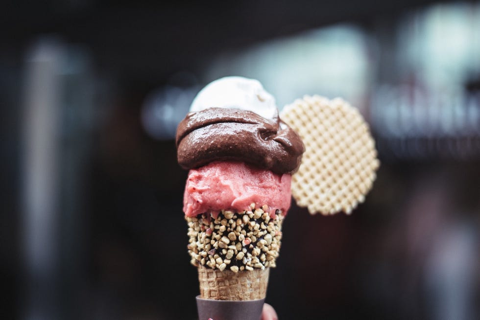Ice cream cone, Frozen dessert, Ice cream, Gelato, Chocolate ice cream, Pink, Soft Serve Ice Creams, Dessert, Food, Dairy, 