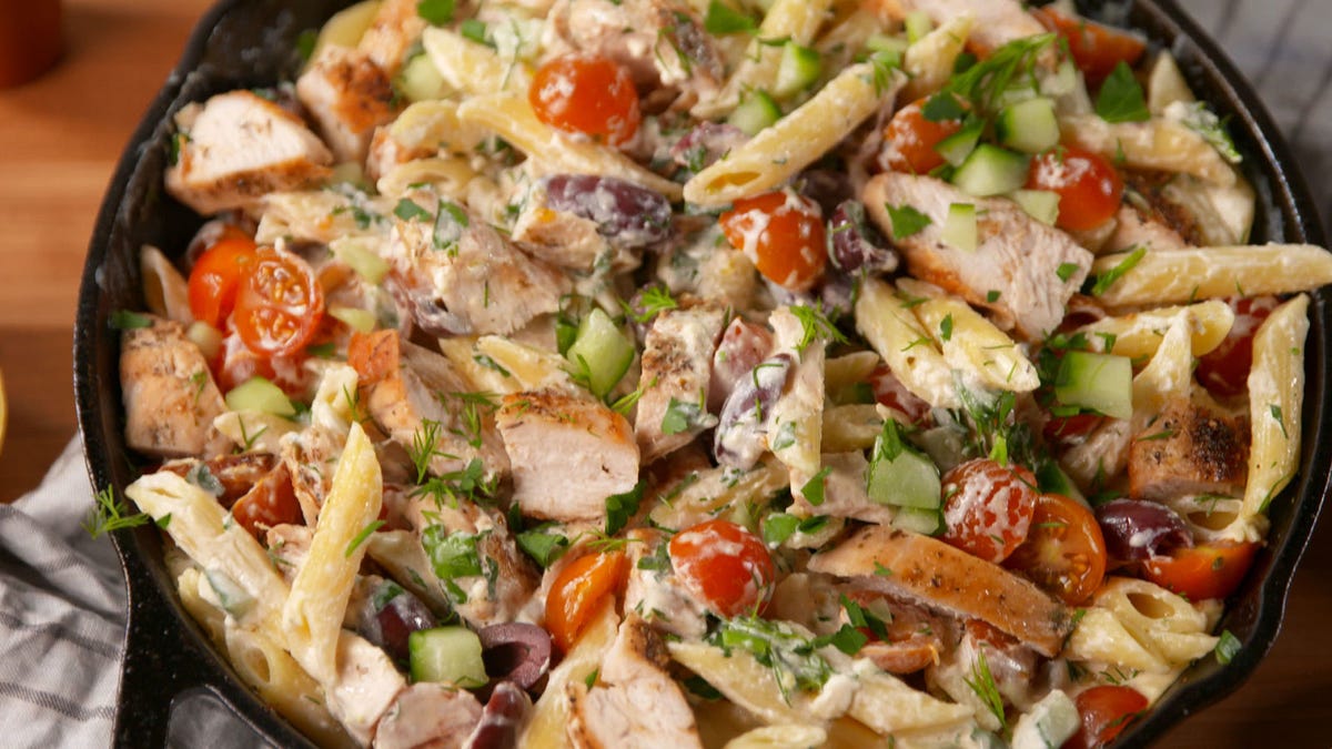 Video player poster image preview for This Greek Chicken Pasta Tastes Like Summer!