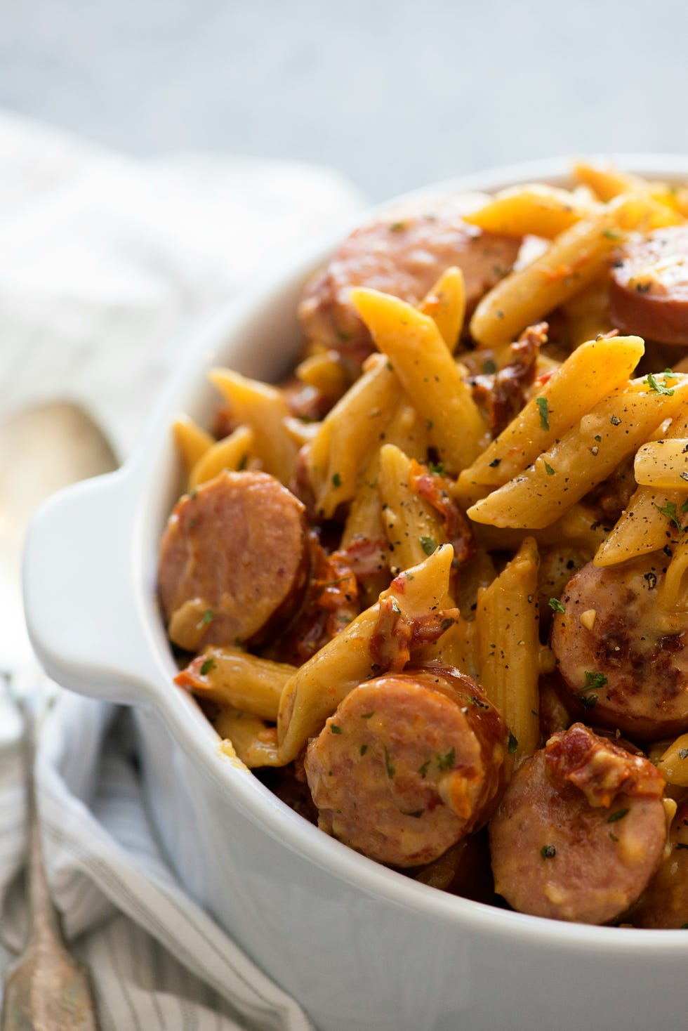 sun dried tomato pasta with smoked sausage vertical