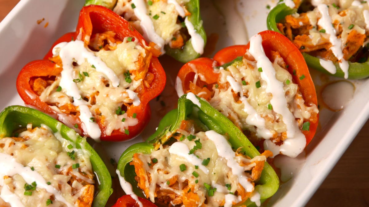 Video player poster image preview for Buffalo Chicken Stuffed Peppers are Your Two Favorite Foods in One!