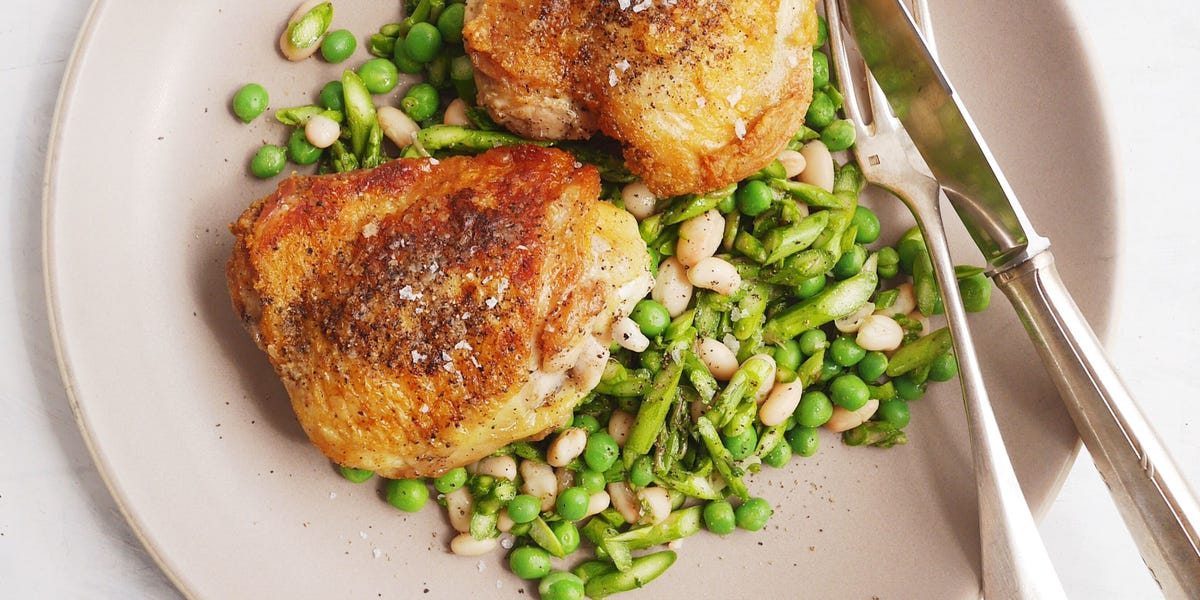 Garlicky Chicken Thighs with Asparagus, Pea, and White Bean Salad