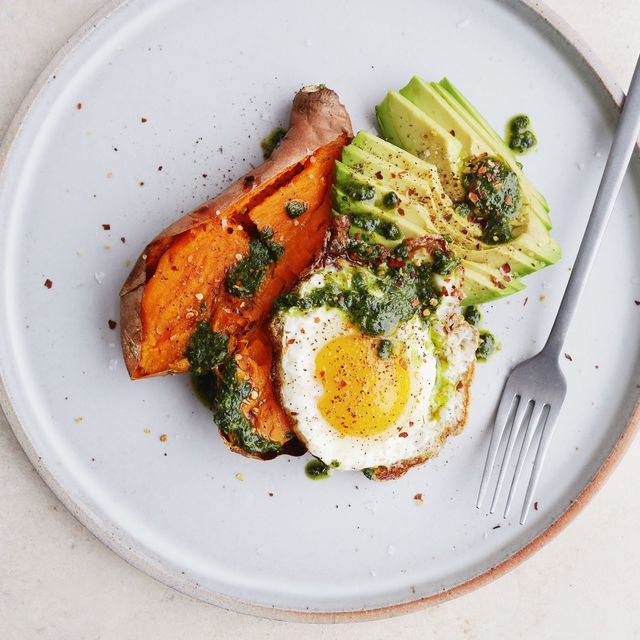 Best Loaded Baked Sweet Potatoes with Avocado, Pesto, and Fried Eggs ...