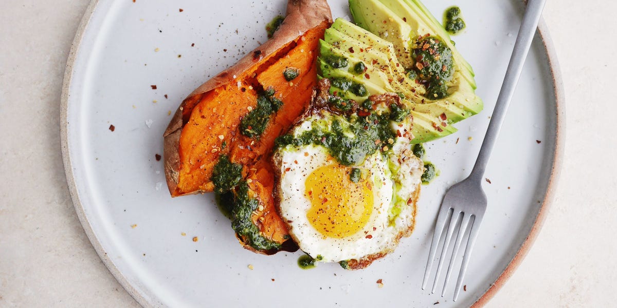 Loaded Baked Sweet Potatoes with Avocado, Pesto and Fried Eggs