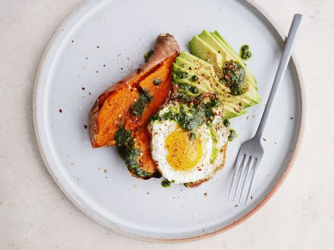 Loaded Baked Sweet Potatoes with Avocado, Pesto, and Fried Eggs Horizontal