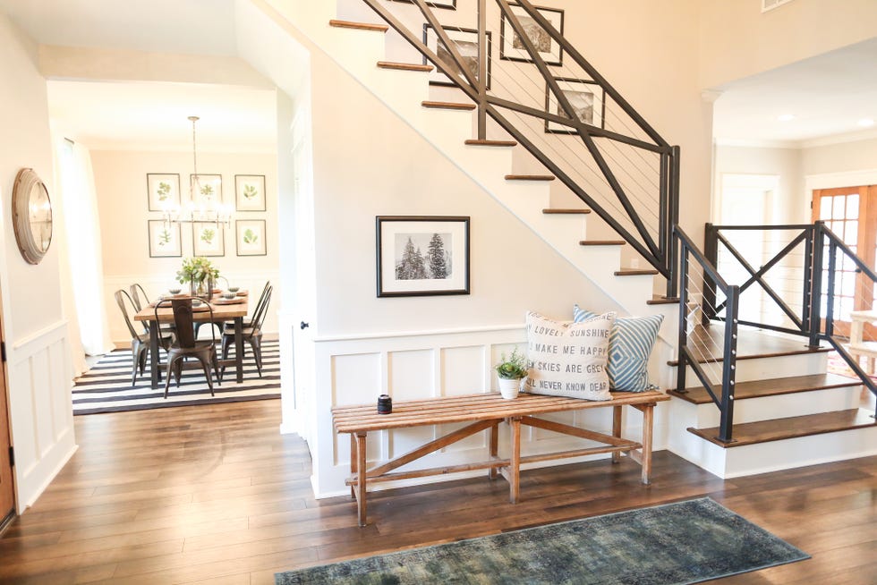 Room, Stairs, Property, Interior design, Living room, Furniture, Wood flooring, Floor, Hardwood, House, 