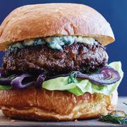 Blue Cheese Burgers with Caramelized Onions and Crispy Rosemary Horizontal