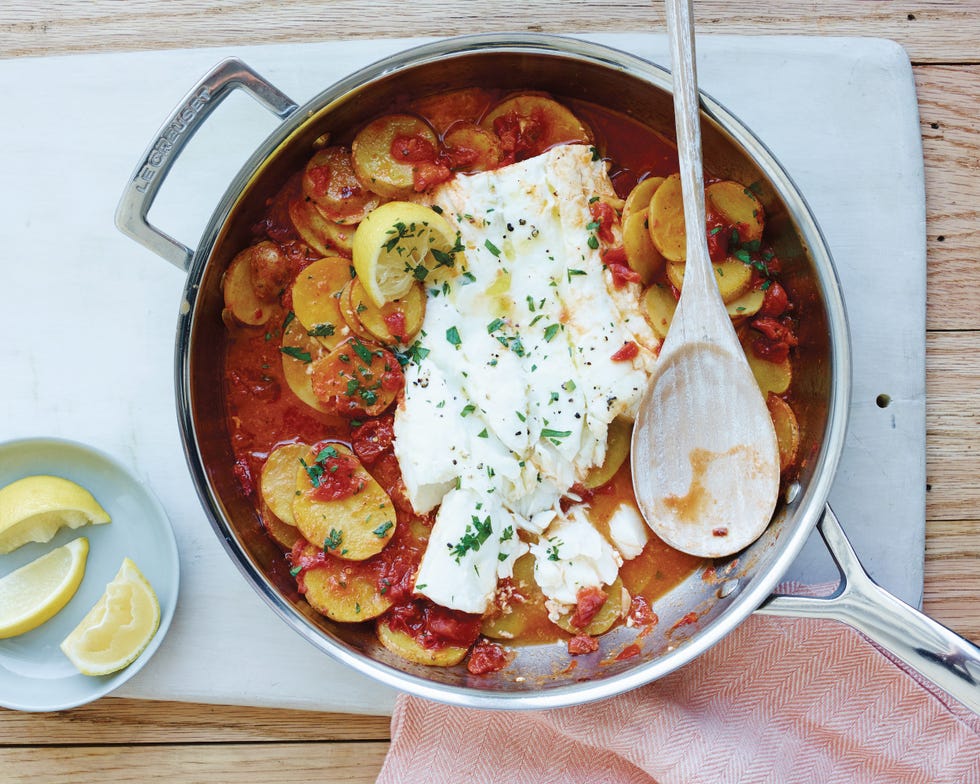 cod with garlicky tomatoes and potatoes horizontal