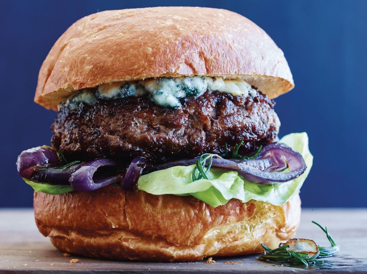 Blue Cheese Burgers with Caramelized Onions and Crispy Rosemary Horizontal
