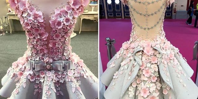 Dress, Pink, Clothing, Shoulder, Fashion, Haute couture, Cocktail dress, Peach, Neck, Gown, 
